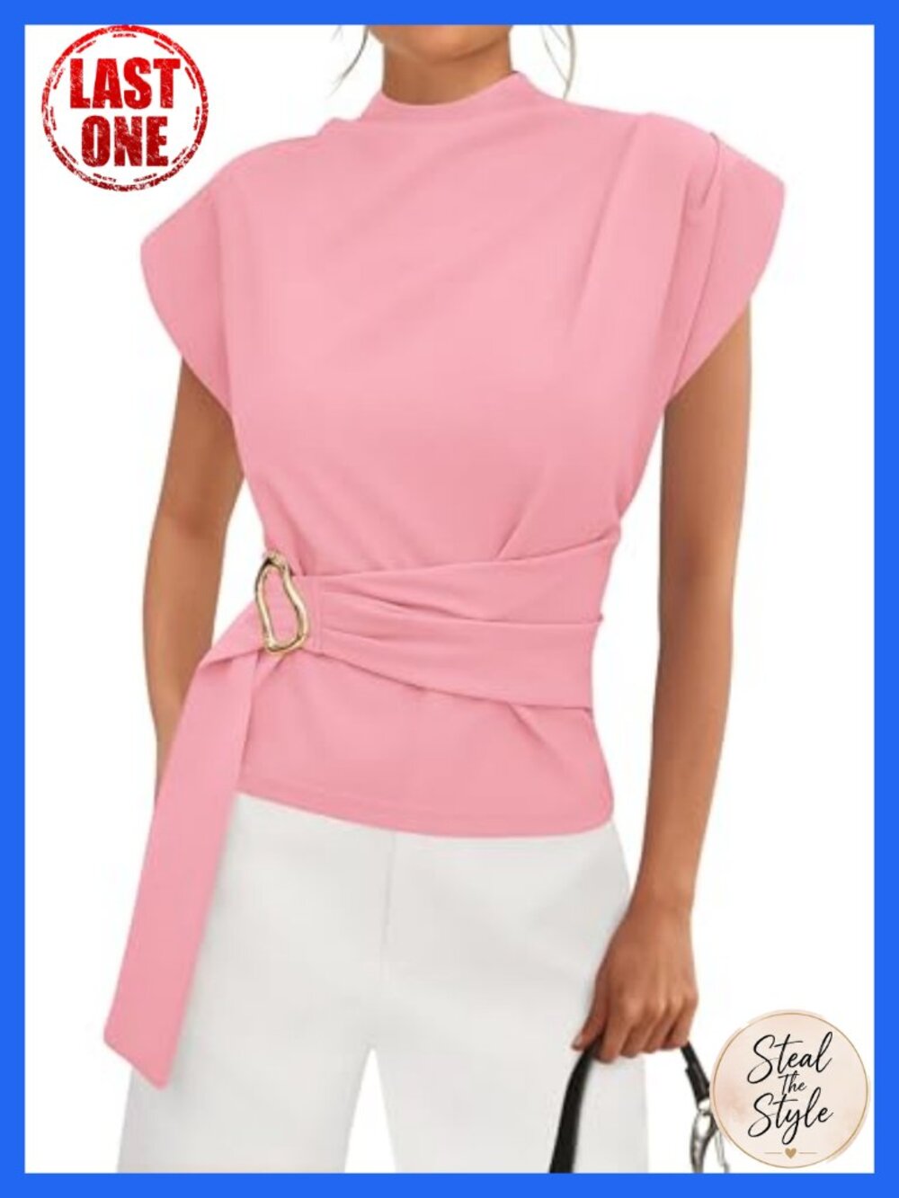 Women's Cap Sleeve Mock Neck Tunic Top with Gold Buckle Front